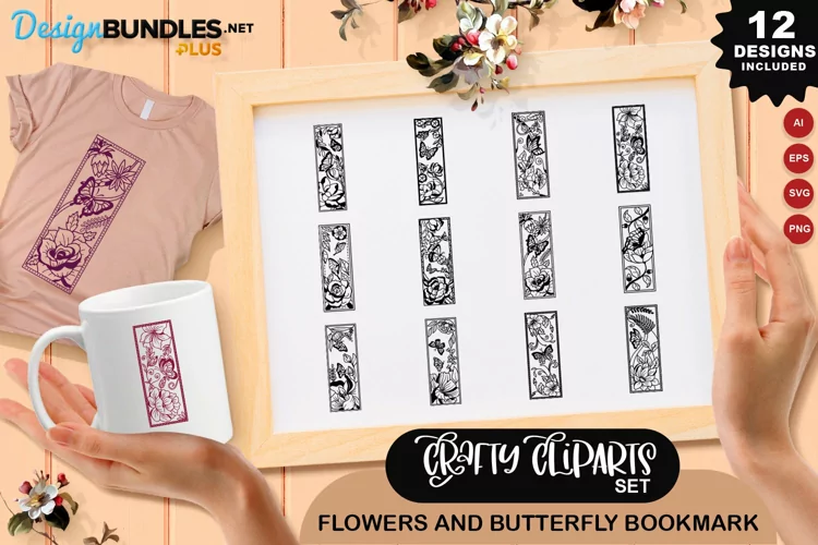 Flowers and butterfly bookmark Clipart Set