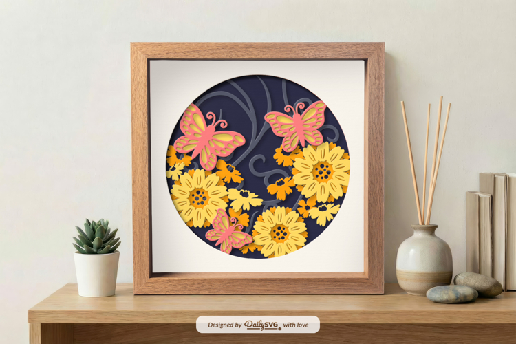Flowers and Butterfly Shadow Box SVG - 3D Home Decor Cut Fil