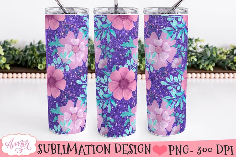 Flowers and glitter 20oz tumbler wrap sublimation PNG