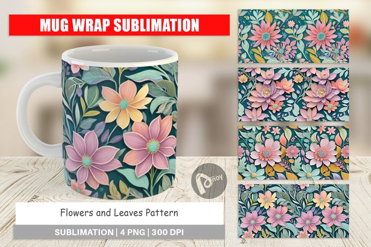 Mug Wrap Design Flowers and Leaves Pattern