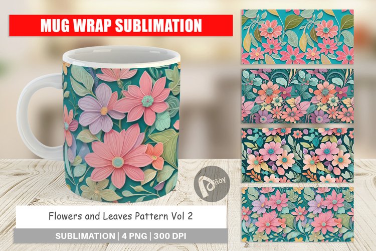 Mug Wrap Design Flowers and Leaves Pattern