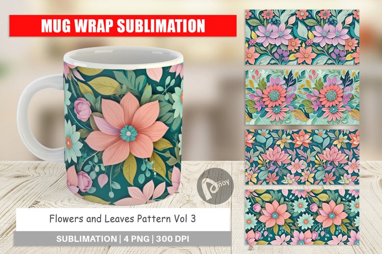 Mug Wrap Design Flowers and Leaves Pattern