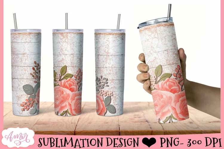 Wood and flowers tumbler wrap for sublimation