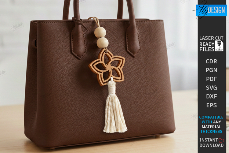 Flower Bag Tag Laser Cut | Macrame Keychain SVG | Boho Charm