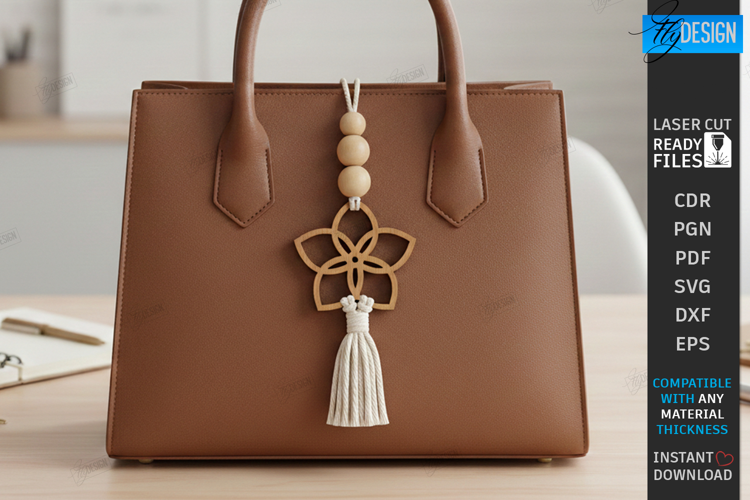 Flower Bag Tag Laser Cut | Macrame Keychain SVG | Boho Charm