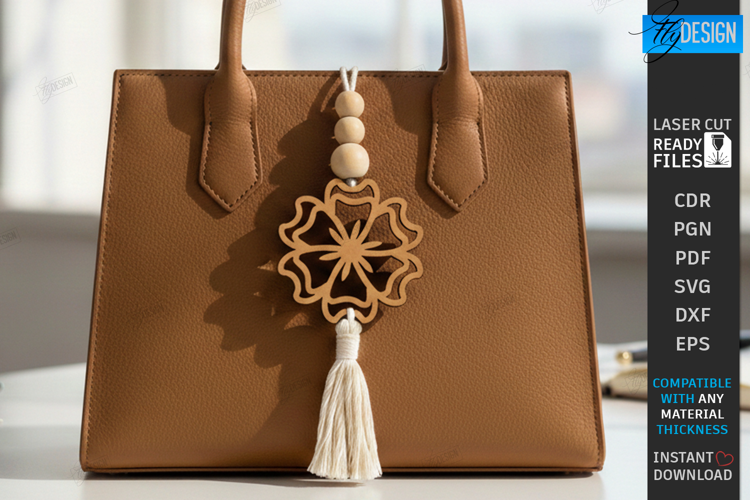 Flower Bag Tag Laser Cut | Macrame Keychain SVG | Boho Charm