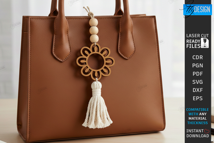 Flower Bag Tag Laser Cut | Macrame Keychain SVG | Boho Charm
