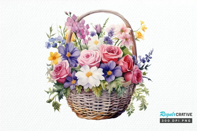 Flowers Basket Watercolor PNG Clipart
