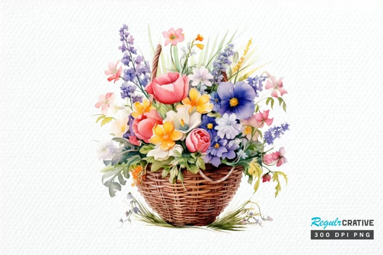 Flowers Basket Watercolor PNG Clipart