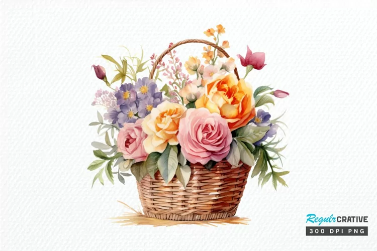 Flowers Basket Watercolor PNG Clipart