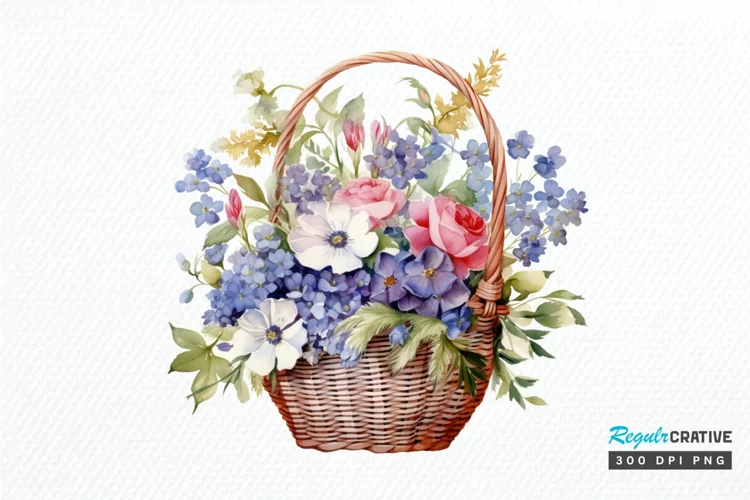 Flowers Basket Watercolor PNG Clipart