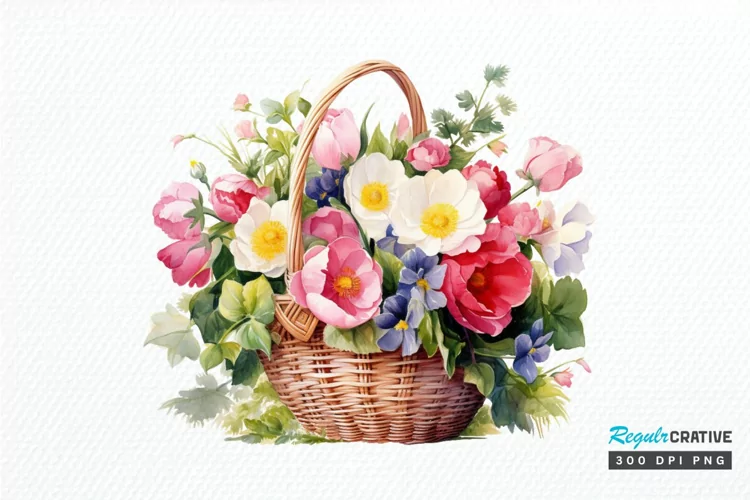 Flowers Basket Watercolor PNG Clipart