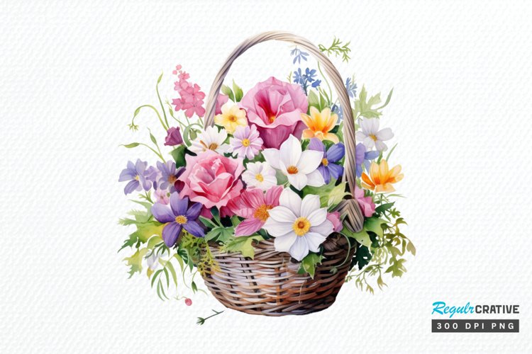 Flowers Basket Watercolor PNG Clipart