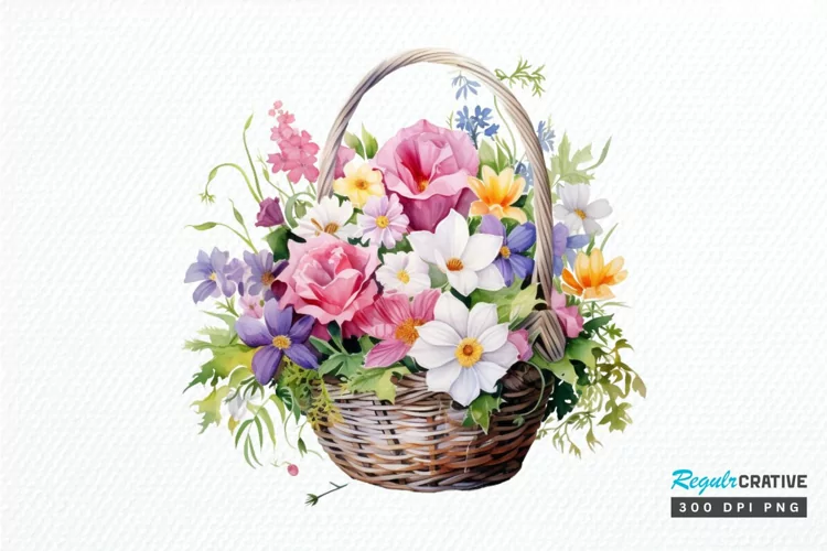 Flowers Basket Watercolor PNG Clipart