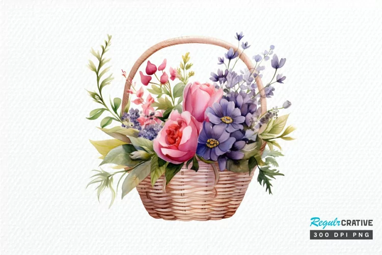 Flowers Basket Watercolor PNG Clipart