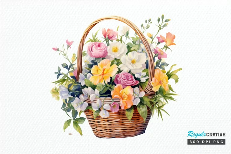 Flowers Basket Watercolor PNG Clipart