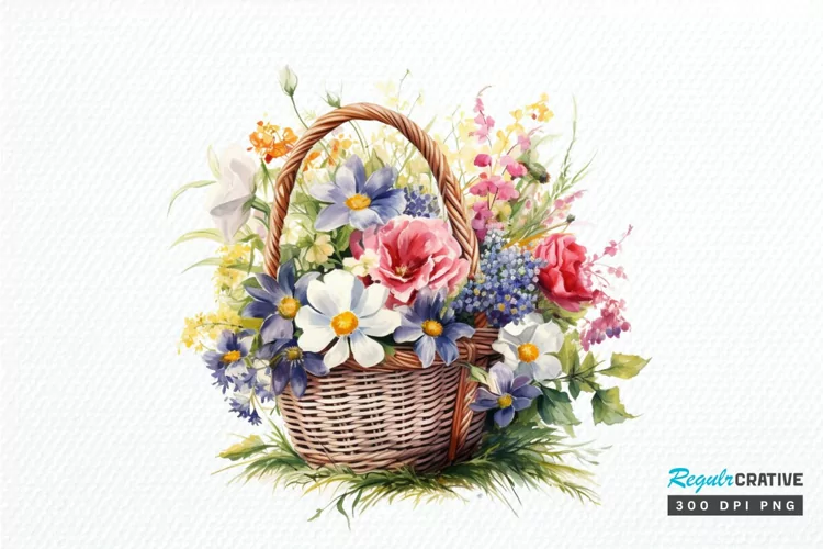Flowers Basket Watercolor PNG Clipart