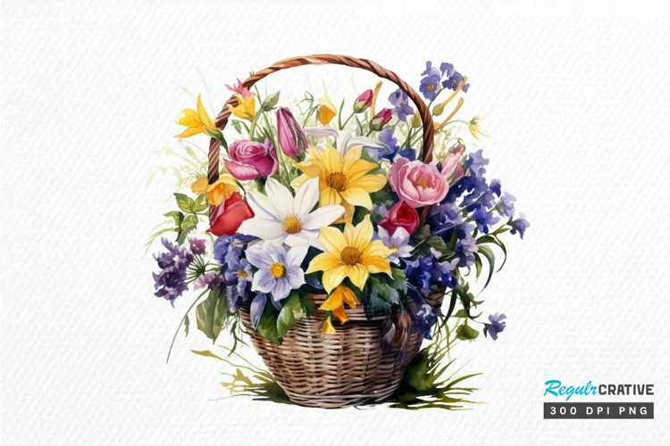 Flowers Basket Watercolor PNG Clipart