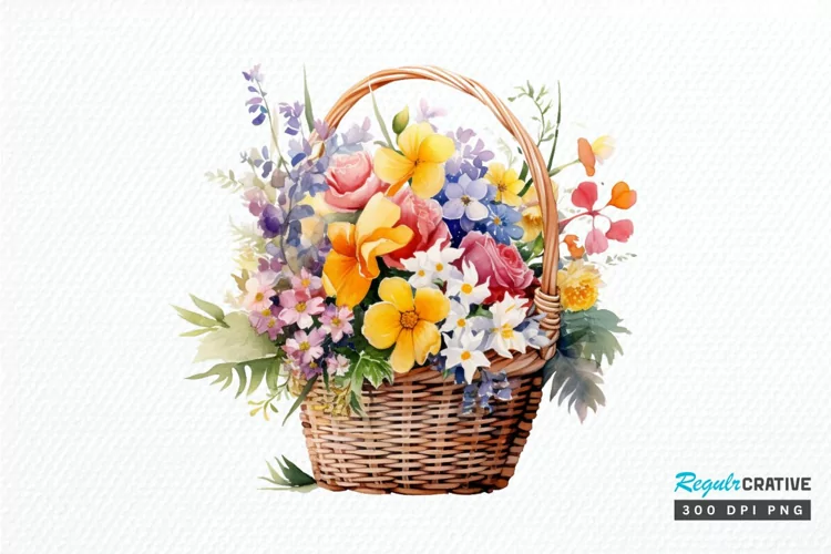 Flowers Basket Watercolor PNG Clipart