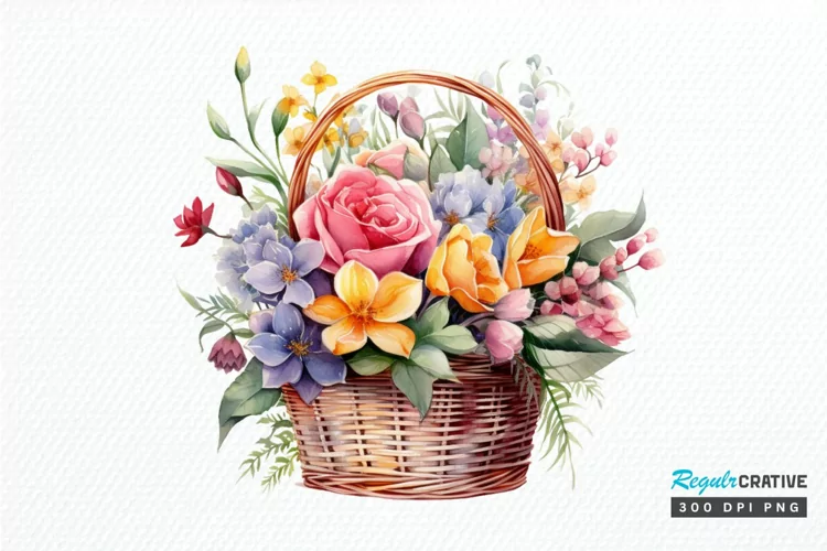 Flowers Basket Watercolor PNG Clipart
