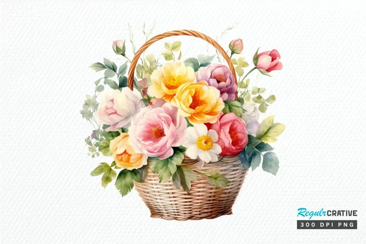 Flowers Basket Watercolor PNG Clipart