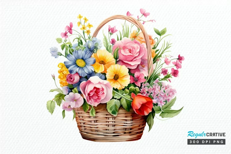 Flowers Basket Watercolor PNG Clipart