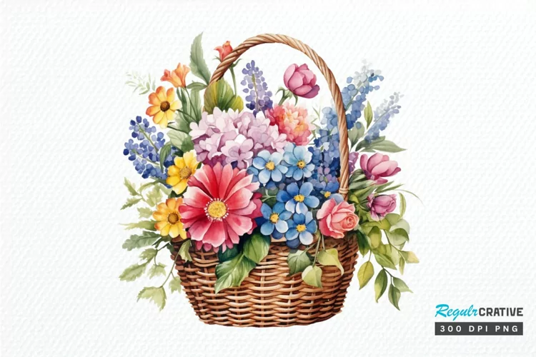 Flowers Basket Watercolor PNG Clipart