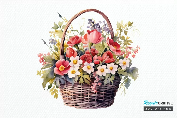 Flowers Basket Watercolor PNG Clipart