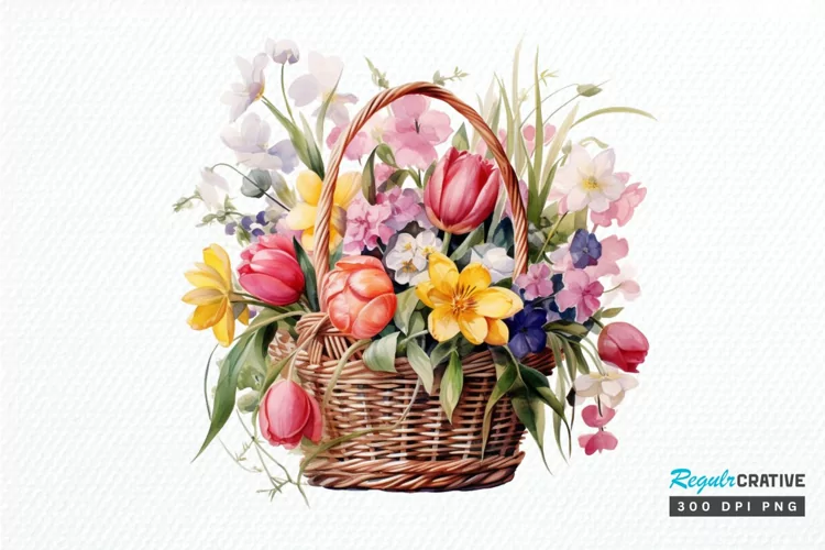 Flowers Basket Watercolor PNG Clipart