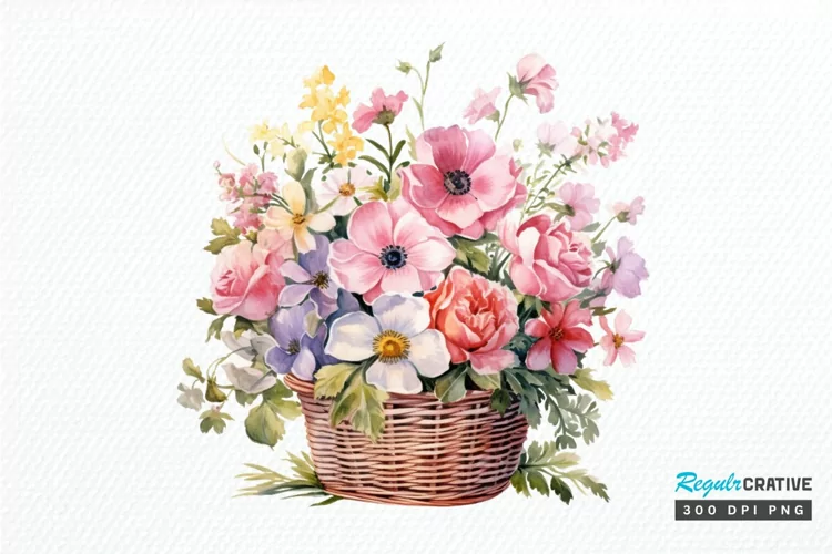 Flowers Basket Watercolor PNG Clipart
