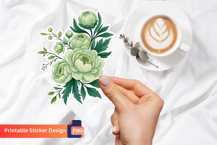 Green Peonies Flower Sticker, Botanical Peonies Sticker example image 1