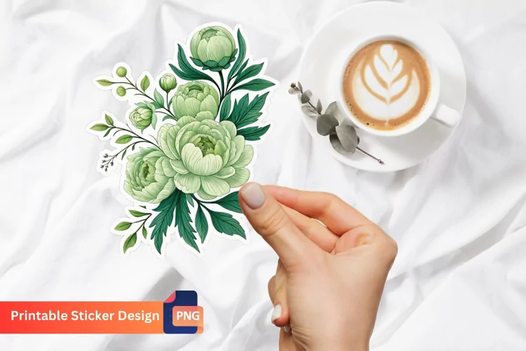 Green Peonies Flower Sticker, Botanical Peonies Sticker