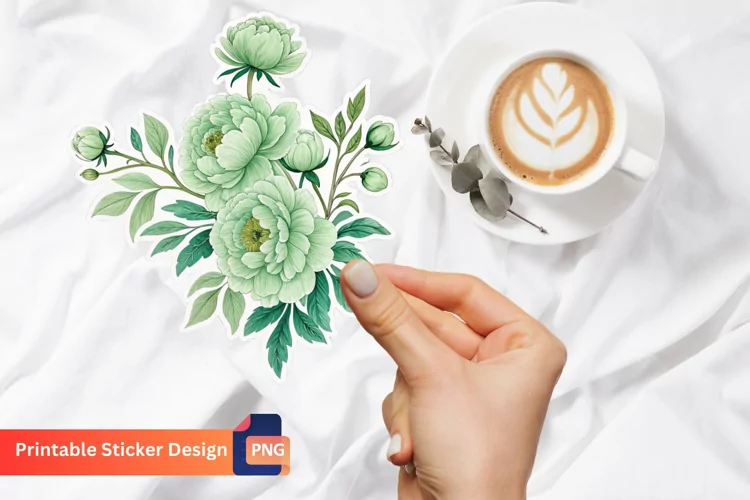 Green Peonies Flower Sticker, Botanical Peonies Sticker