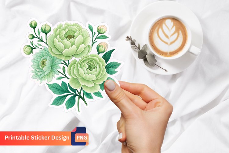 Green Peonies Flower Sticker, Botanical Peonies Sticker example image 1