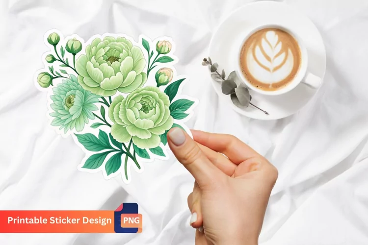 Green Peonies Flower Sticker, Botanical Peonies Sticker