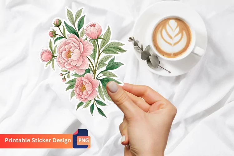 Pink Peony Flower Sticker, Botanical Peony Sticker