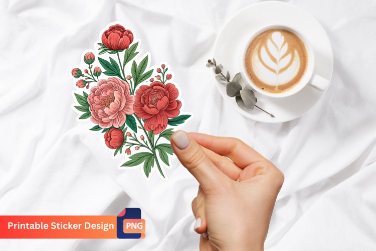 Red Peony Flowers Sticker, Floral Decals, Botanical Sticker