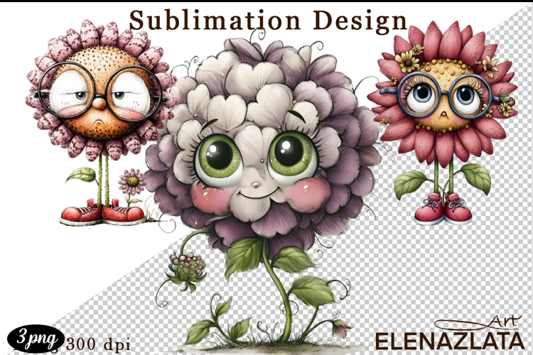 Watercolor funny Flowers Clipart, big eyes