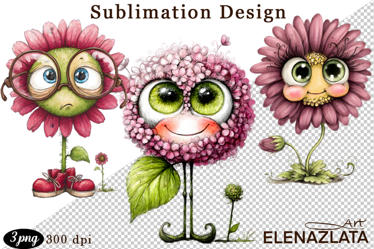Watercolor funny Flowers Clipart, big eyes