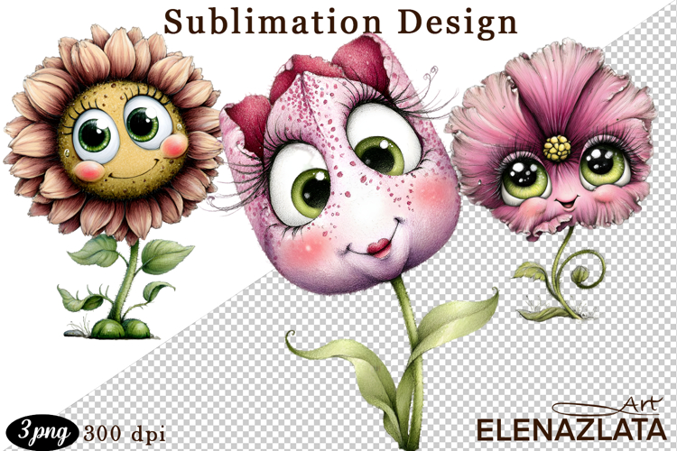 Watercolor funny Flowers Clipart, big eyes