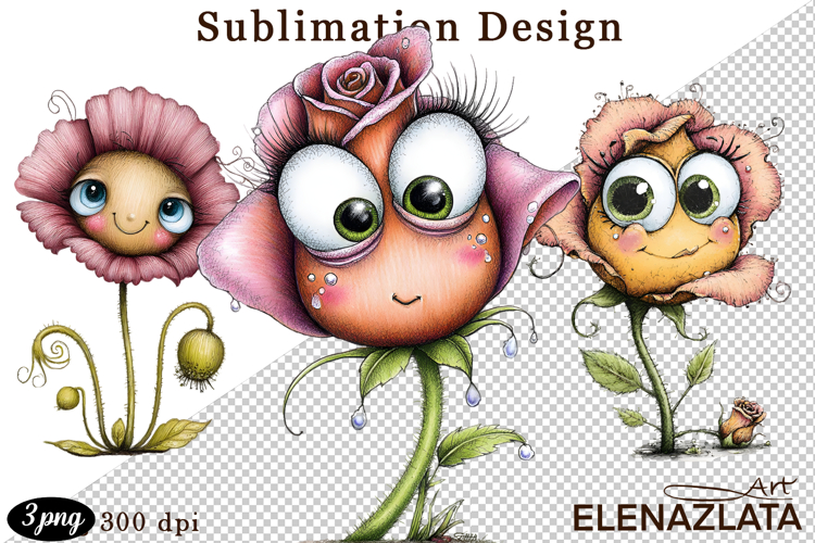 Watercolor funny Flowers Clipart, big eyes