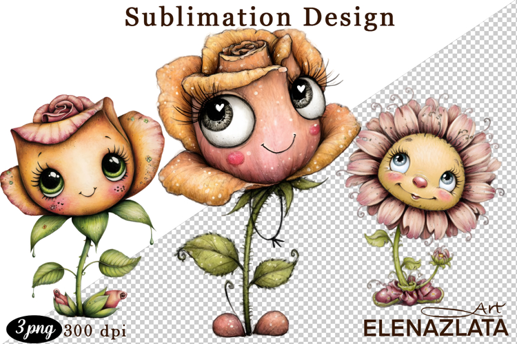 Watercolor funny Flowers Clipart, big eyes
