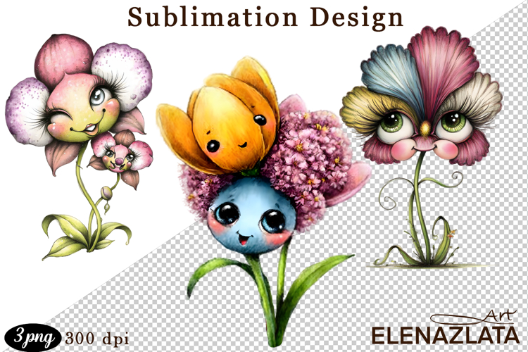 Watercolor funny Flowers Clipart, big eyes