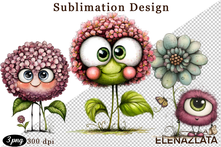Watercolor funny Flowers Clipart, big eyes