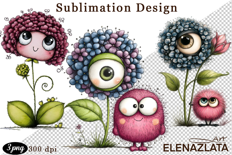 Watercolor funny Flowers Clipart, big eyes