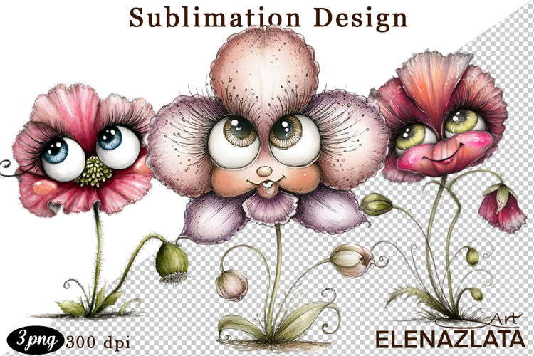Watercolor funny Flowers Clipart, big eyes