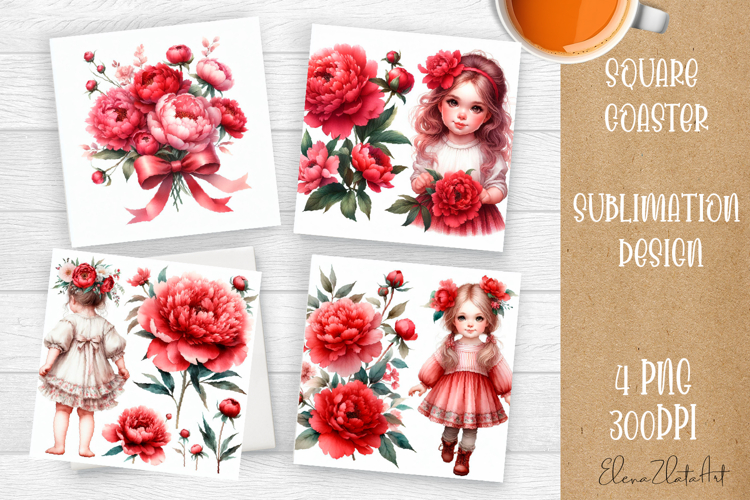 Flower coaster Sublimation Square coaster design Watercolor