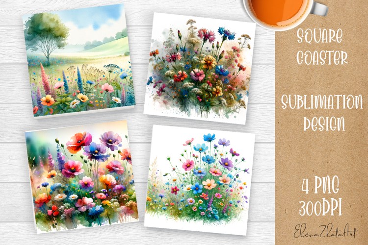 Flower coaster Sublimation Square coaster design Watercolor