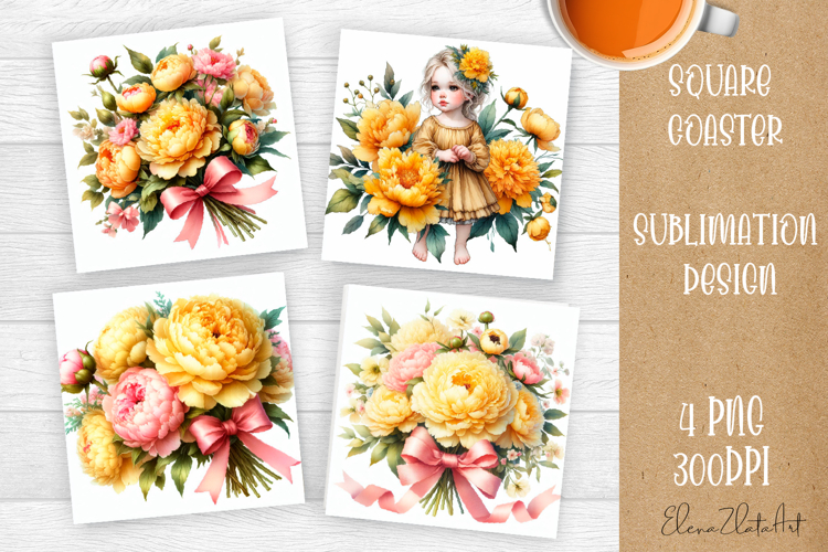Flower coaster Sublimation Square coaster design Watercolor