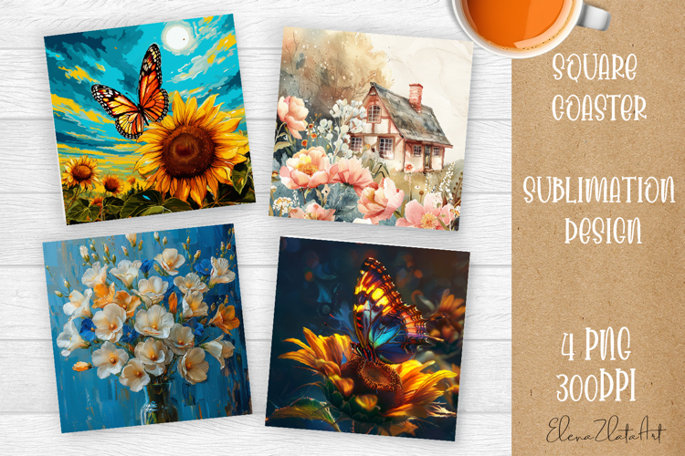 Flower coaster Sublimation Square coaster design Watercolor example image 1
